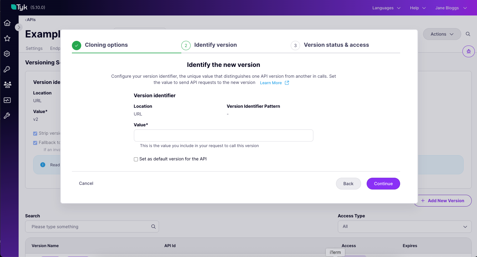 Configuring the version identifier from the version creation wizard